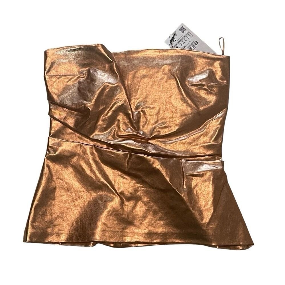 ZARA Metallic Rose Gold Strapless Draped Peplum Top Size S ART 3067/042/312‎